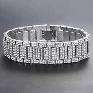Men's Heavy Bling‎ Bracelet Bangle Silver with CZ Diamonds